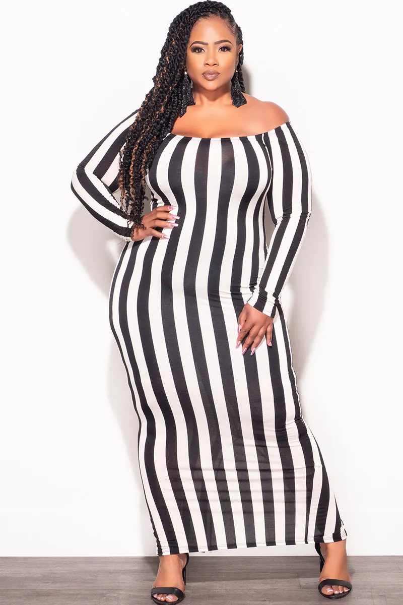 Trendy Waist Final Sale Plus Size Off The Shoulder BodyCon Midi Dress in Black & Beige Stripes