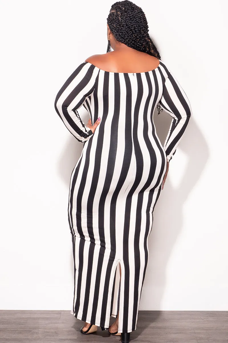Flat Seams Final Sale Plus Size Off The Shoulder BodyCon Midi Dress in Black & Beige Stripes