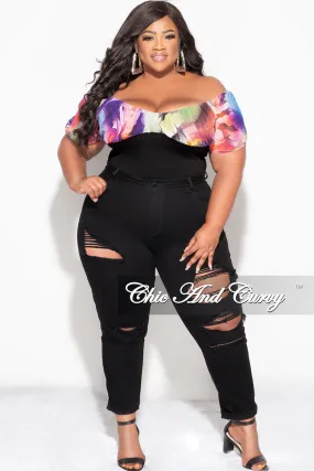 Final Sale Plus Size Off the Shoulder Bodysuit in Multi Color Floral Print Stain Release Finish