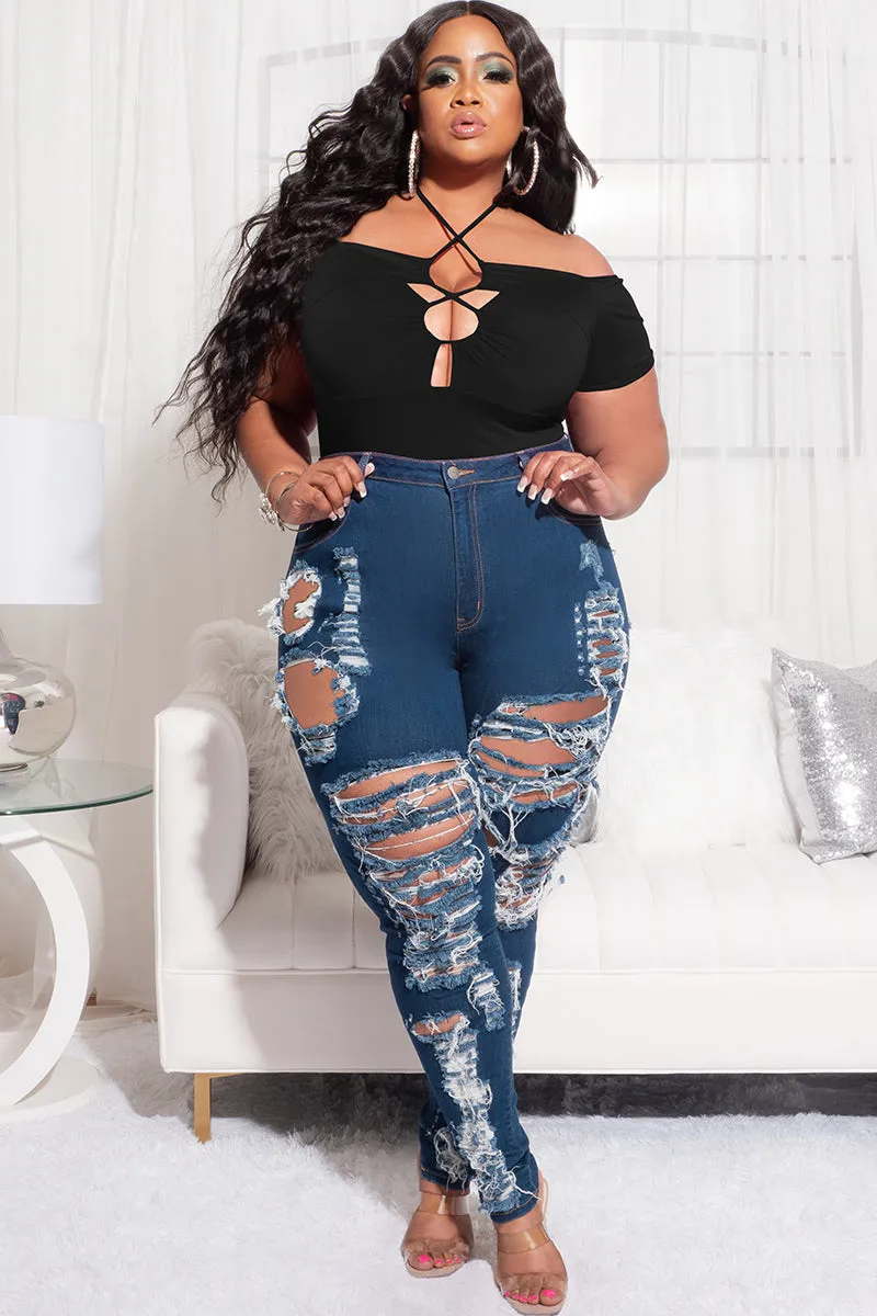 Final Sale Plus Size Off the Shoulder Bodysuit with Lace Up Front in Black Everyday Must-have