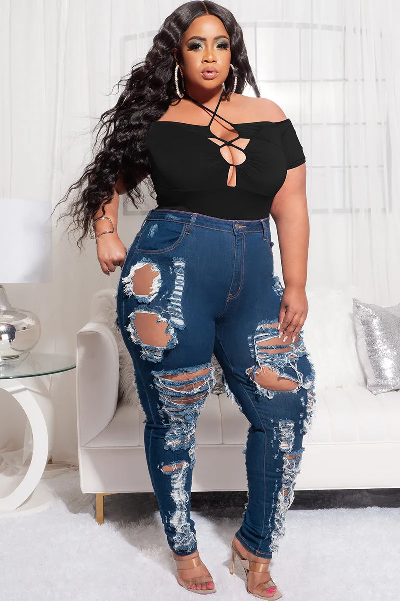Stylish Look Comfy Flex Final Sale Plus Size Off the Shoulder Bodysuit with Lace Up Front in Black