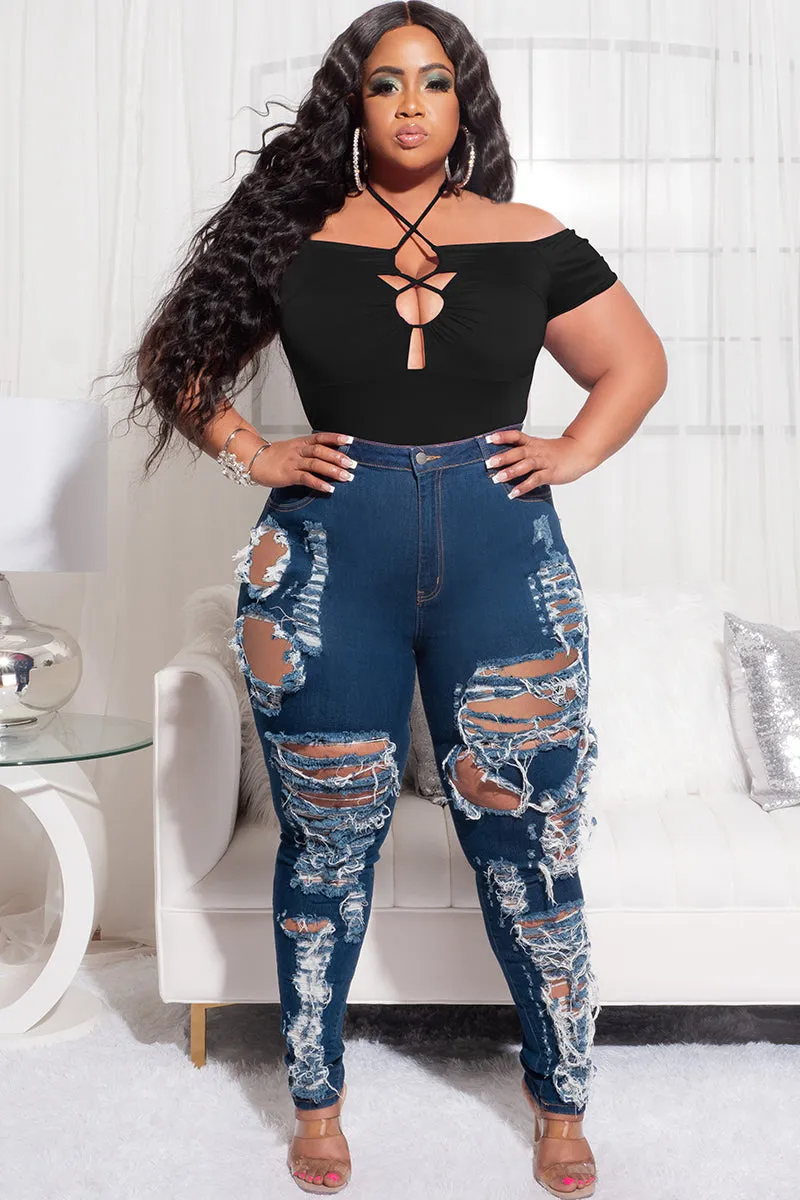 Final Sale Plus Size Off the Shoulder Bodysuit with Lace Up Front in Black Stylish Layers