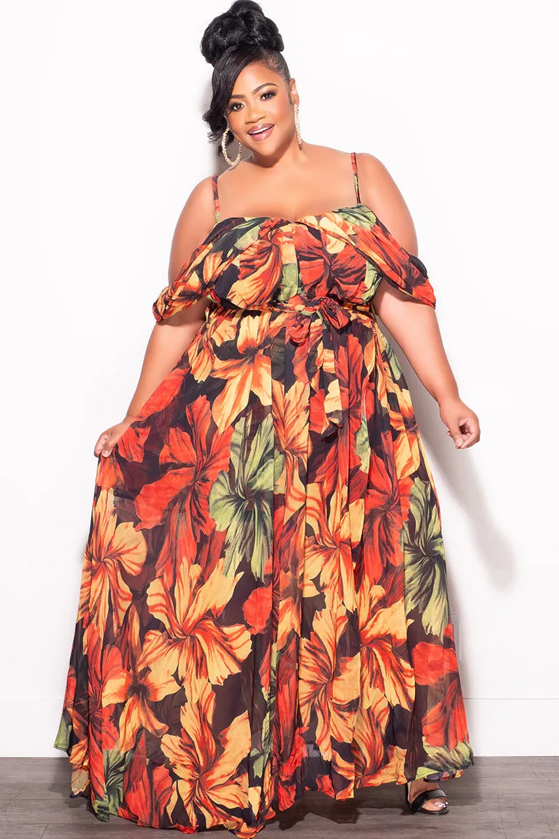 Perfect Length Smart Casual Final Sale Plus Size Off The Shoulder Chiffon Dress with Spaghetti Straps In Orange Rust Leaf Print