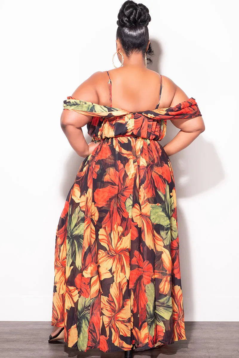 Non Tapered Leg Final Sale Plus Size Off The Shoulder Chiffon Dress with Spaghetti Straps In Orange Rust Leaf Print
