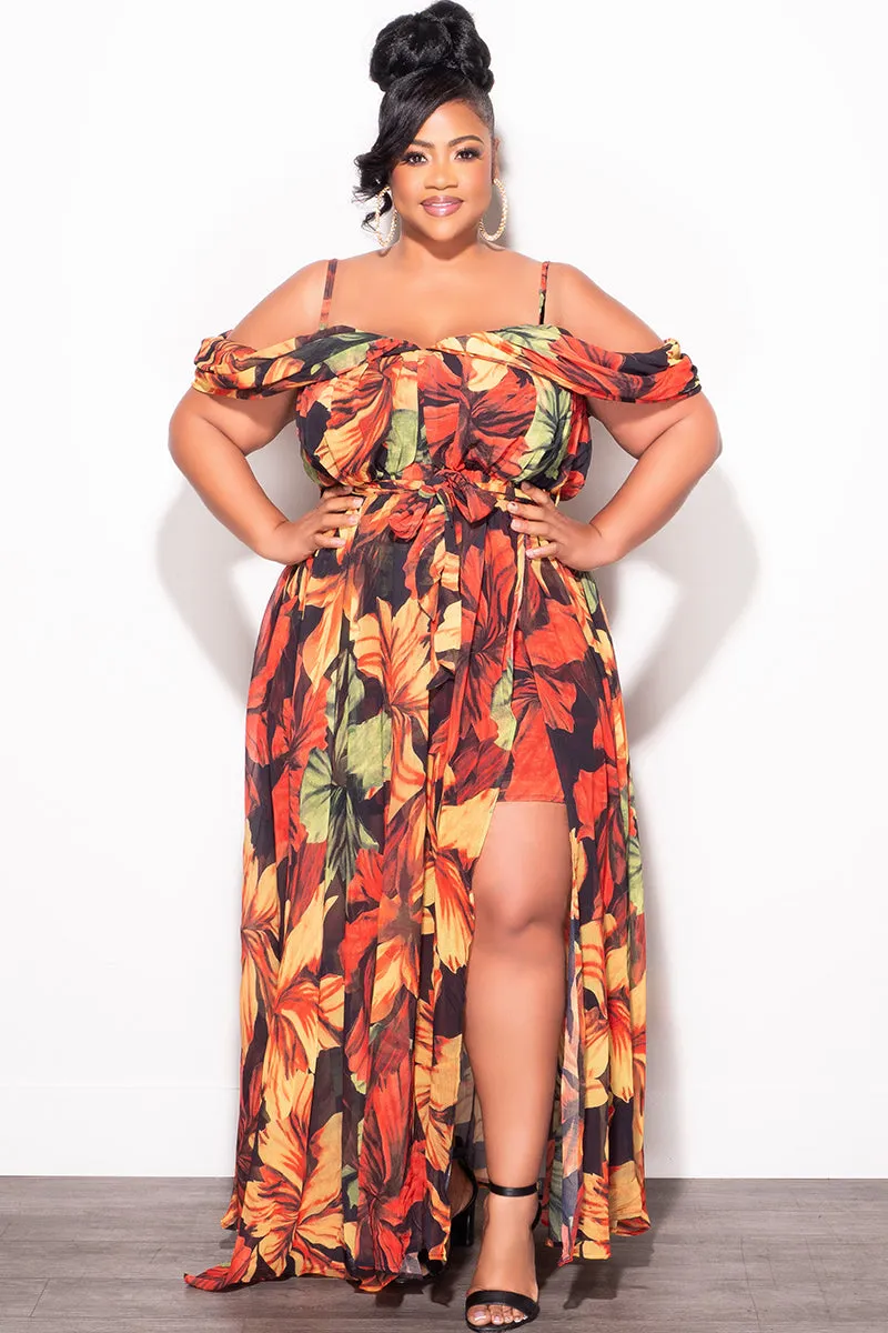 Final Sale Plus Size Off The Shoulder Chiffon Dress with Spaghetti Straps In Orange Rust Leaf Print Flattering Cut