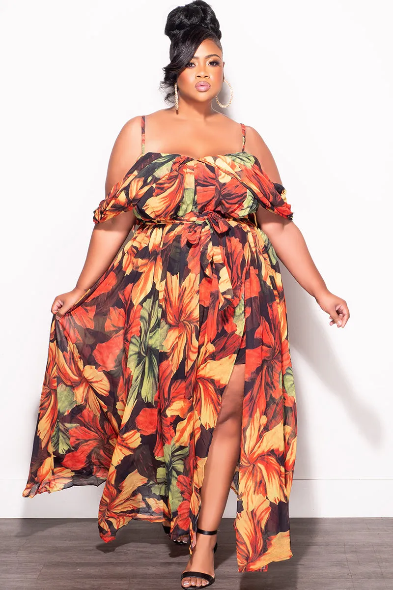 Final Sale Plus Size Off The Shoulder Chiffon Dress with Spaghetti Straps In Orange Rust Leaf Print Bold Design Soft Brushed Lining