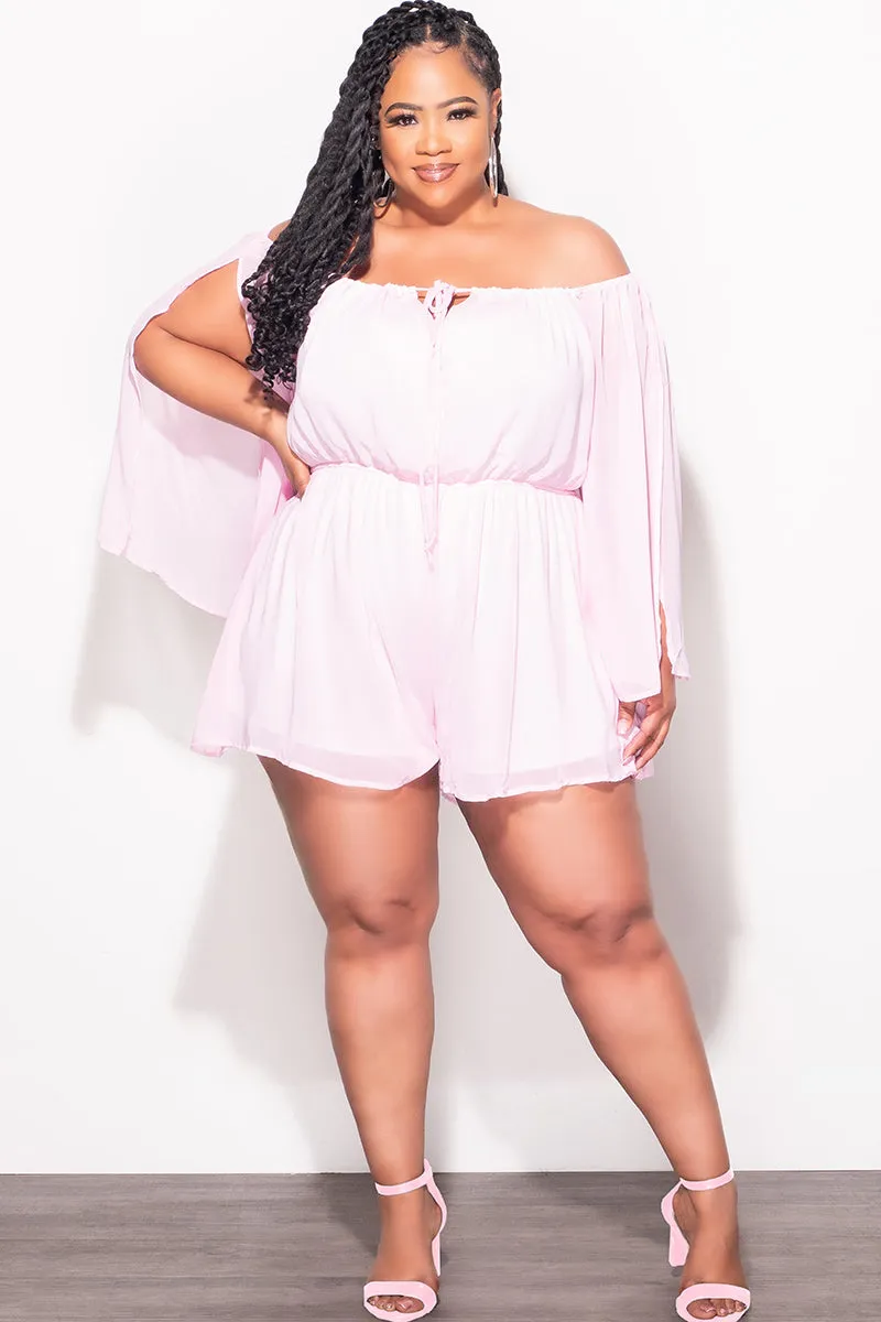 Final Sale Plus Size Off the Shoulder Chiffon Romper with Slit Sleeves in Soft Pink Cozy Waist