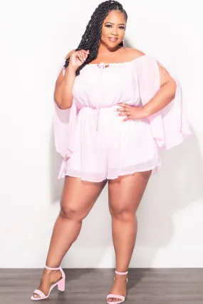 EcoFriendlyMaterial Final Sale Plus Size Off the Shoulder Chiffon Romper with Slit Sleeves in Soft Pink