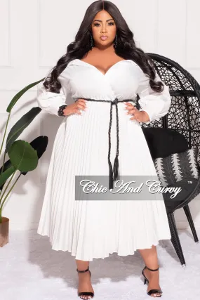 Final Sale Plus Size Off the Shoulder Collar Faux Wrap Dress with Bottom Pleats in White Lightweight Design