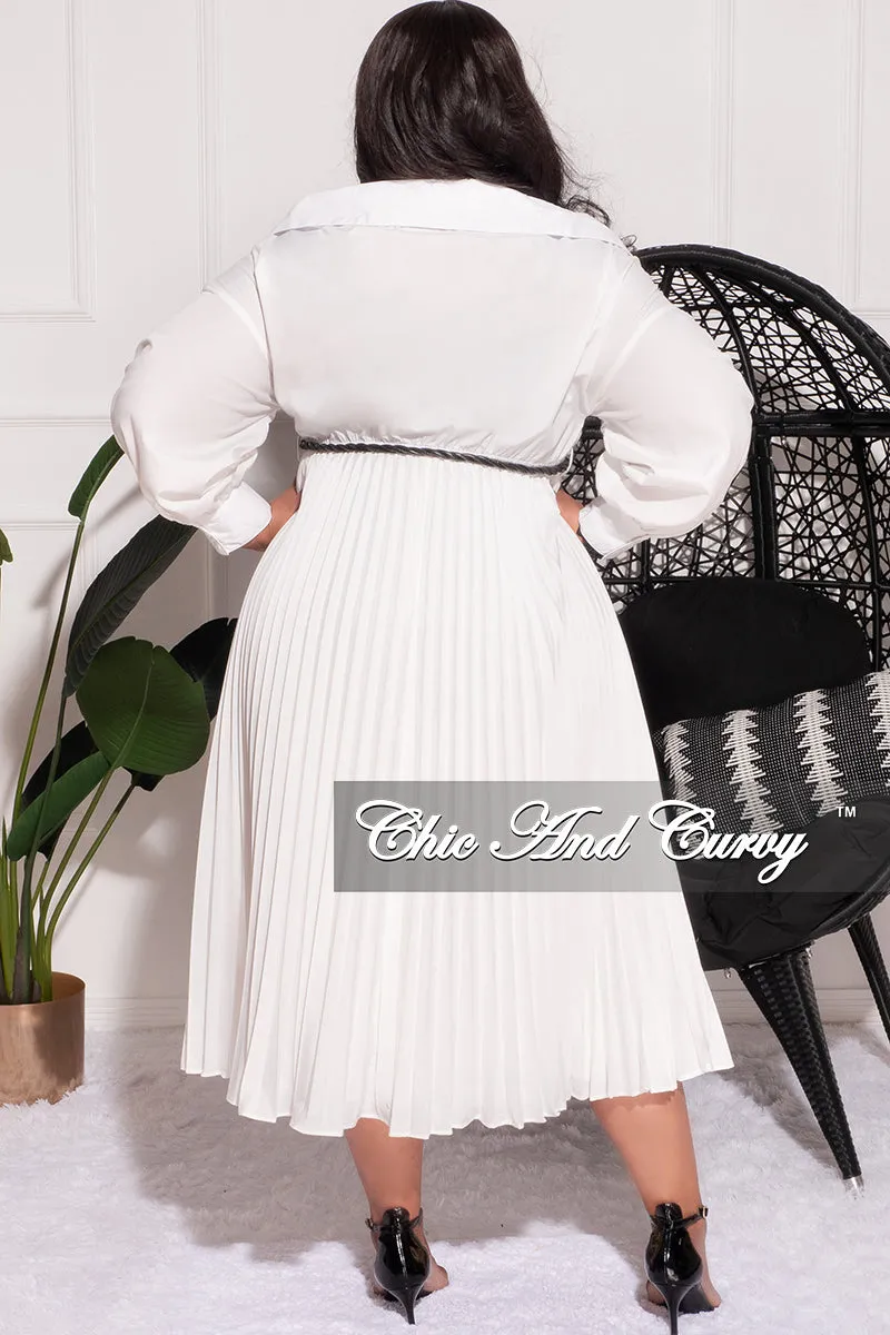 Final Sale Plus Size Off the Shoulder Collar Faux Wrap Dress with Bottom Pleats in White Relaxed Comfort Wear Light Fabric