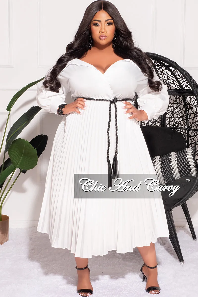 Final Sale Plus Size Off the Shoulder Collar Faux Wrap Dress with Bottom Pleats in White Stretchable
