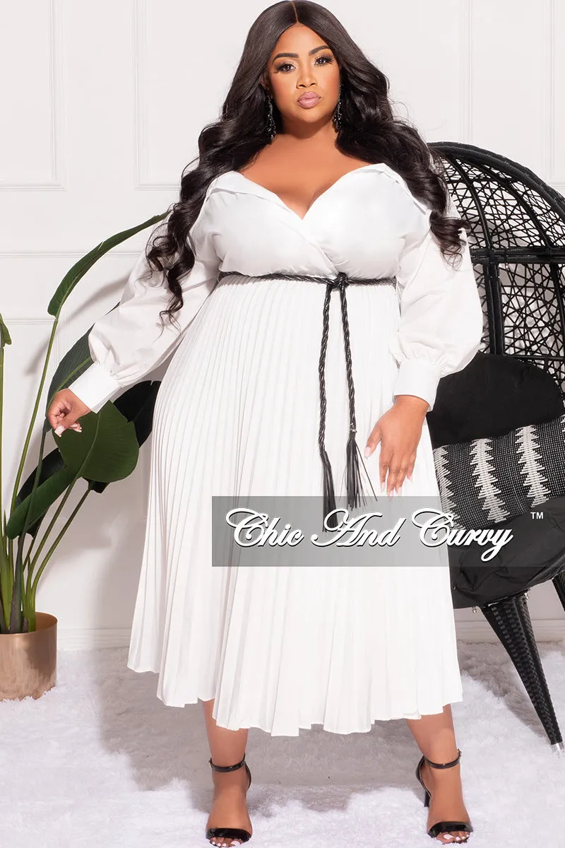 Quick Layer Final Sale Plus Size Off the Shoulder Collar Faux Wrap Dress with Bottom Pleats in White