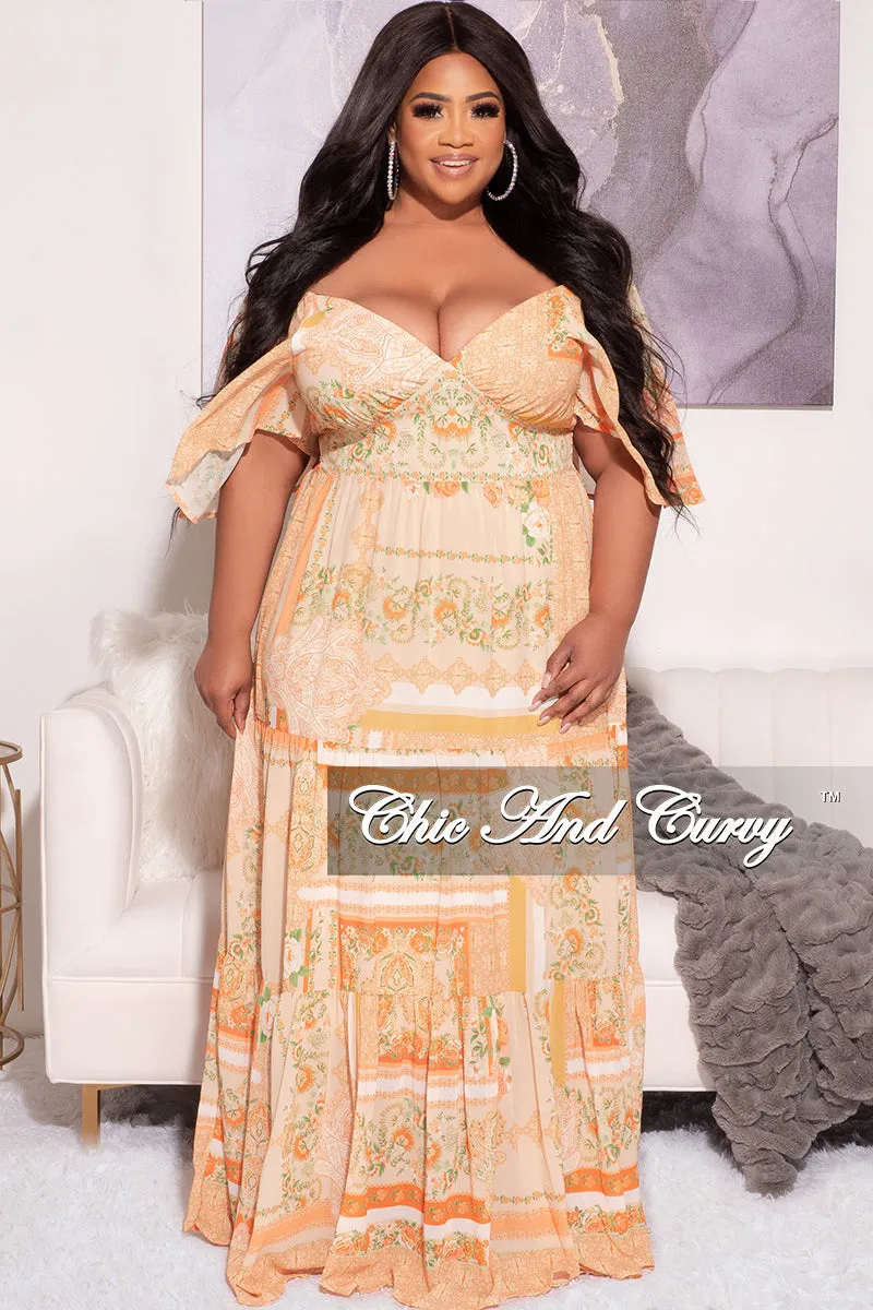 Comfort Focused Casual Comfort Look Final Sale Plus Size Off the Shoulder Deep V Maxi Dress in  Mustard Orange and Green Floral Print