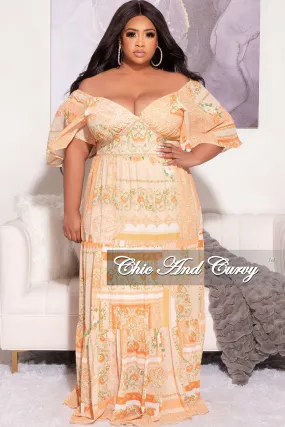 Final Sale Plus Size Off the Shoulder Deep V Maxi Dress in  Mustard Orange and Green Floral Print Performance Design Fit