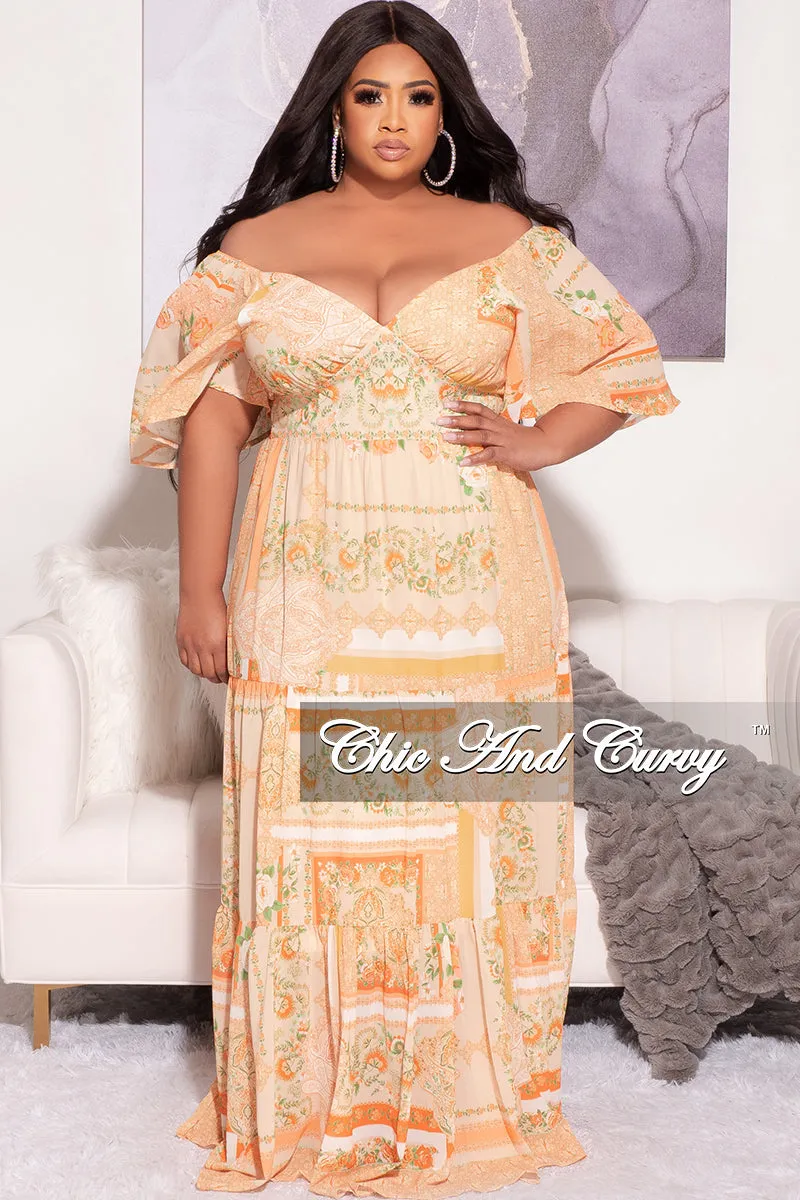 Final Sale Plus Size Off the Shoulder Deep V Maxi Dress in  Mustard Orange and Green Floral Print Performance Design Fit