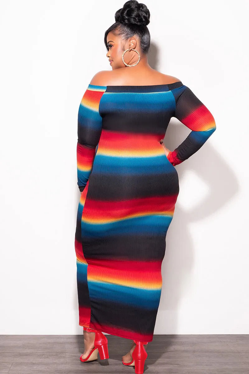 Final Sale Plus Size Off The Shoulder Dress in Black, Teal & Red Cuffed hem