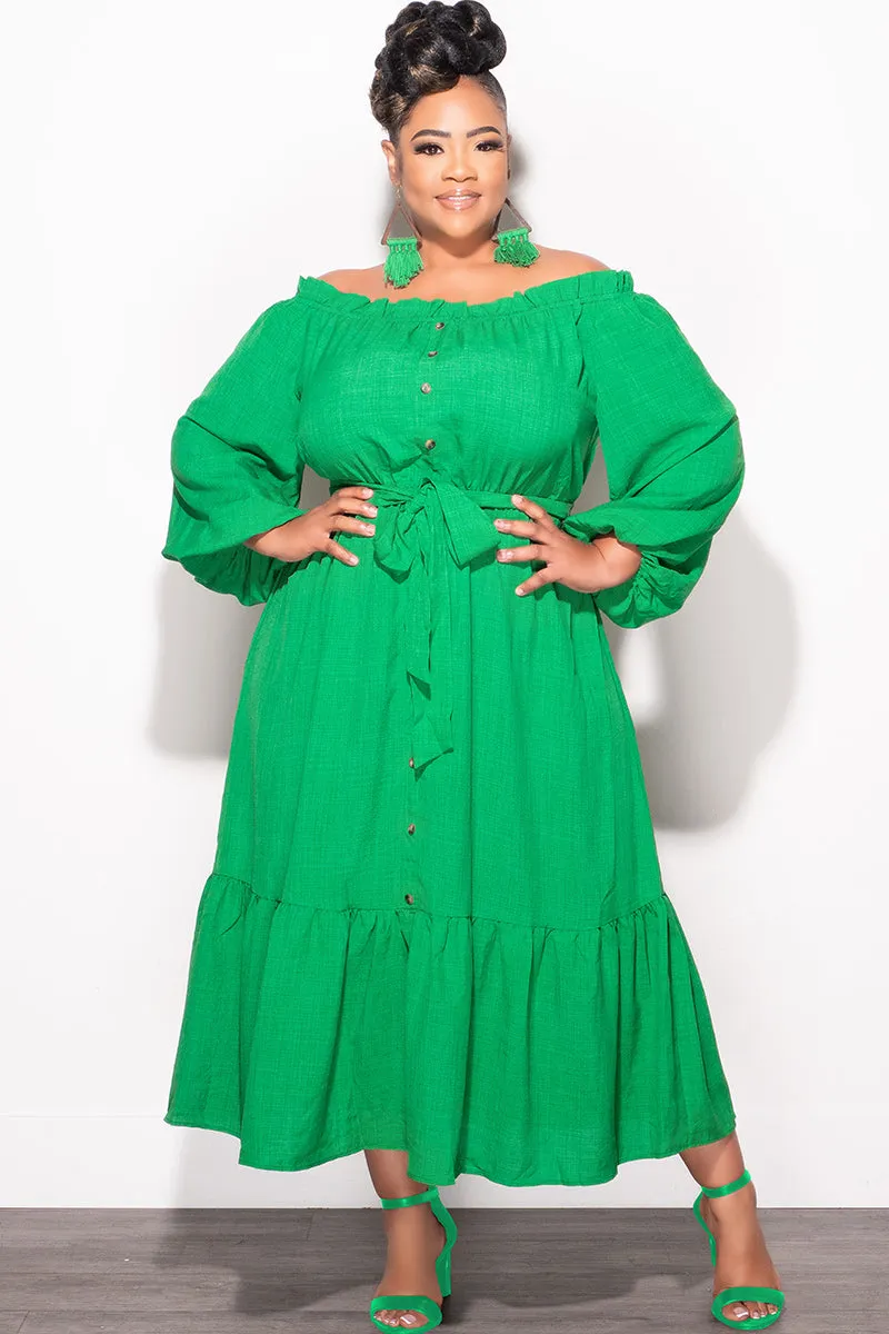 All Purpose Fit All Day Use Final Sale Plus Size Off the Shoulder Dress with Tie in Green