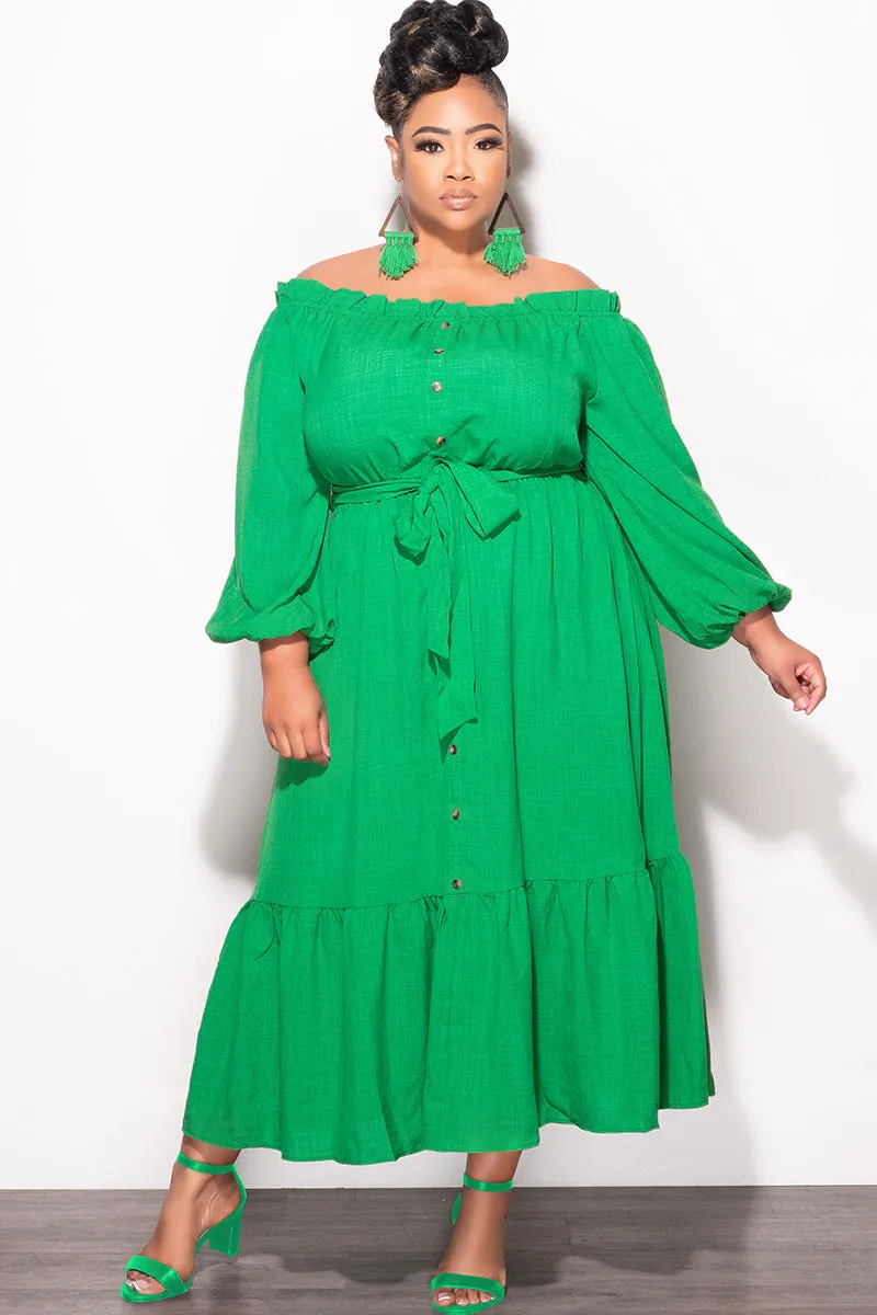 Final Sale Plus Size Off the Shoulder Dress with Tie in Green wrinkle free