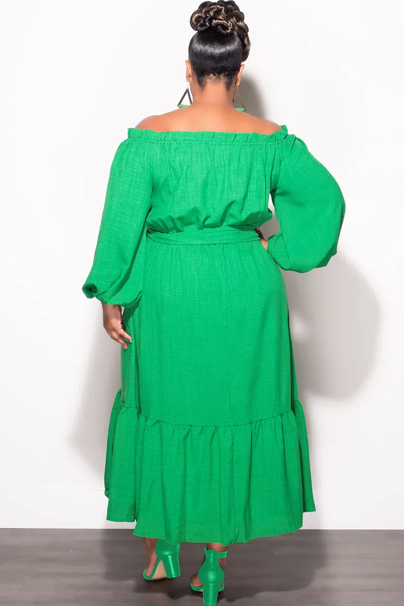 Final Sale Plus Size Off the Shoulder Dress with Tie in Green Fitted Style Core Movement