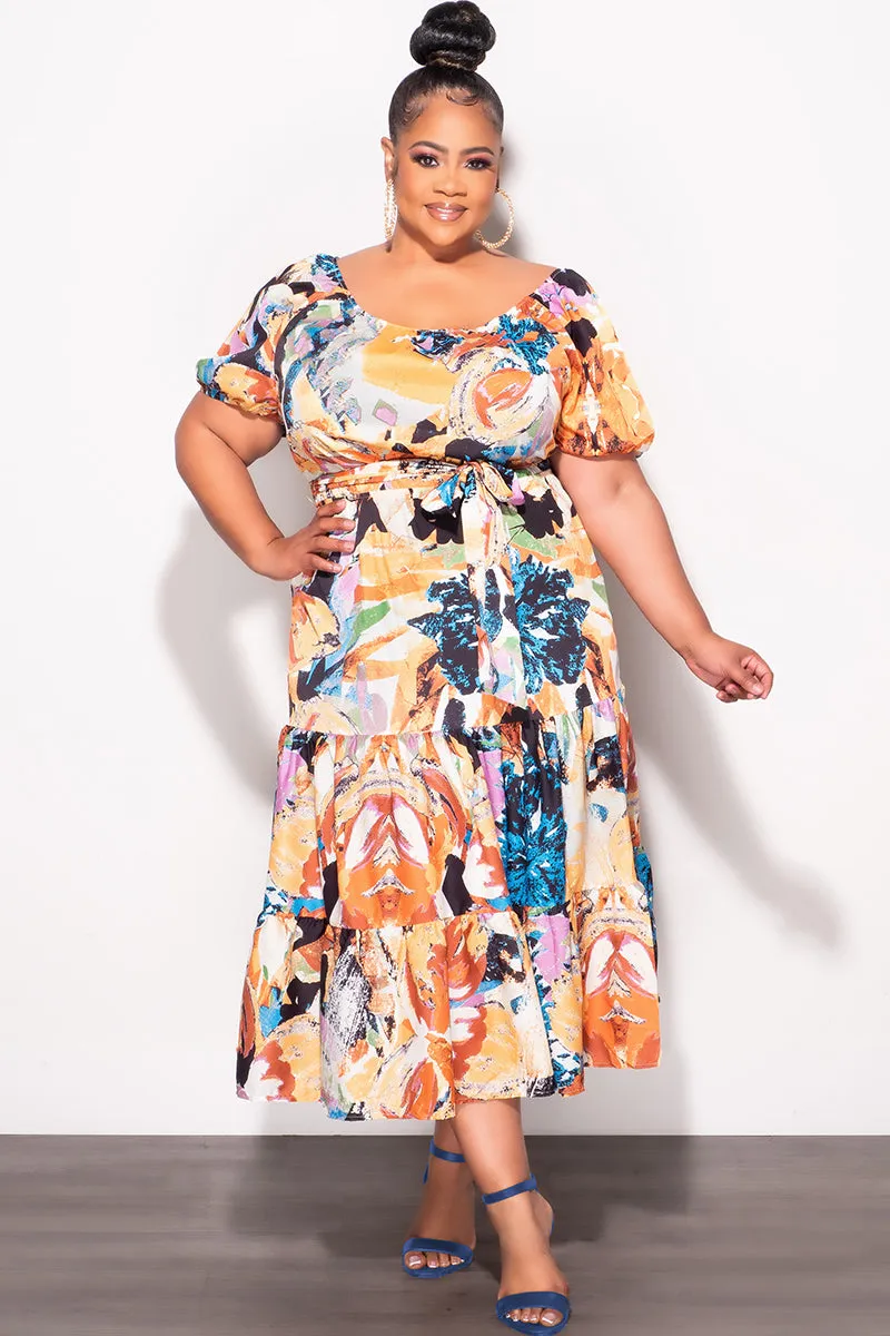 Final Sale Plus Size Off the Shoulder Dress with Waist Tie and Ruffle Bottom in Multi Color Print Flared bottom