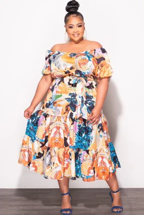 Breathable Material Move Freely Final Sale Plus Size Off the Shoulder Dress with Waist Tie and Ruffle Bottom in Multi Color Print