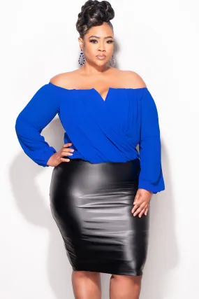Final Sale Plus Size Off The Shoulder Faux Wrap Draping Top in Royal Blue NonRestrictiveCut