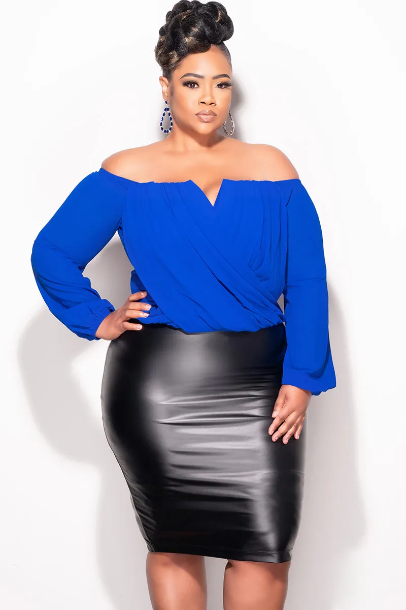 Final Sale Plus Size Off The Shoulder Faux Wrap Draping Top in Royal Blue Quick Move