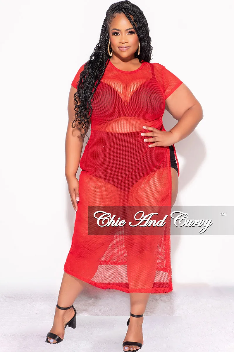 High-waisted fit OdorResistantFinish Final Sale Plus Size Off the Shoulder Fishnet Dress with Side Slit in Red or White