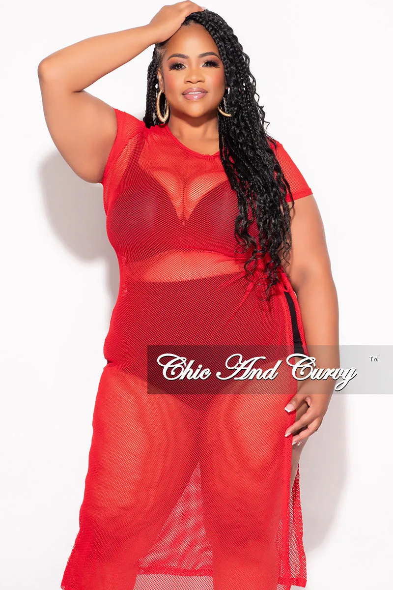 Chafe-Free Fit Basic Utility Final Sale Plus Size Off the Shoulder Fishnet Dress with Side Slit in Red or White