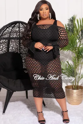 Final Sale Plus Size Off the Shoulder Fishnet Midi Dress with Slit Bell Sleeves in Black Noise Reduciting Fabric
