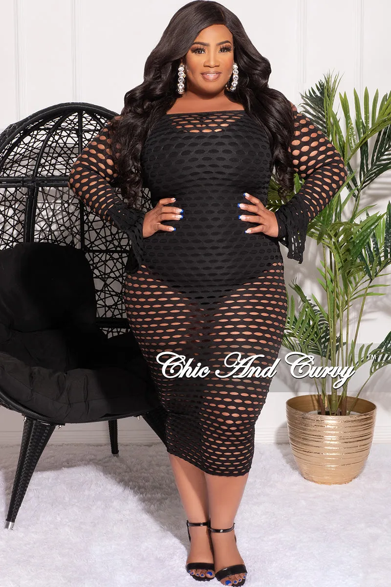 Easy Access All Fit Final Sale Plus Size Off the Shoulder Fishnet Midi Dress with Slit Bell Sleeves in Black