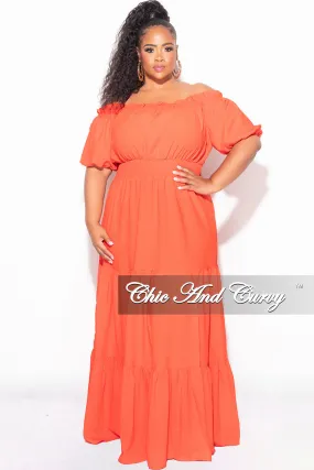Final Sale Plus Size Off the Shoulder Frill Tiered Maxi Dress with Slit in Burnt Orange Tomato Red Cozy Style