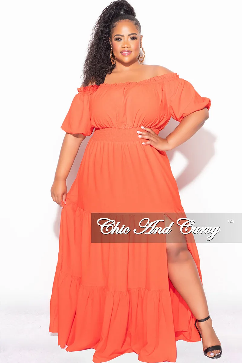 Soft Touch Final Sale Plus Size Off the Shoulder Frill Tiered Maxi Dress with Slit in Burnt Orange Tomato Red