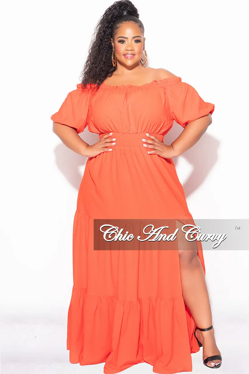 Chic Comfort Final Sale Plus Size Off the Shoulder Frill Tiered Maxi Dress with Slit in Burnt Orange Tomato Red