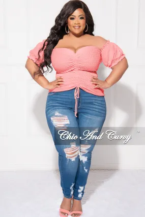 Final Sale Plus Size Off the Shoulder Frill Top with Middle Drawstring and Ruffle Bottom in Pink Versatile Layering