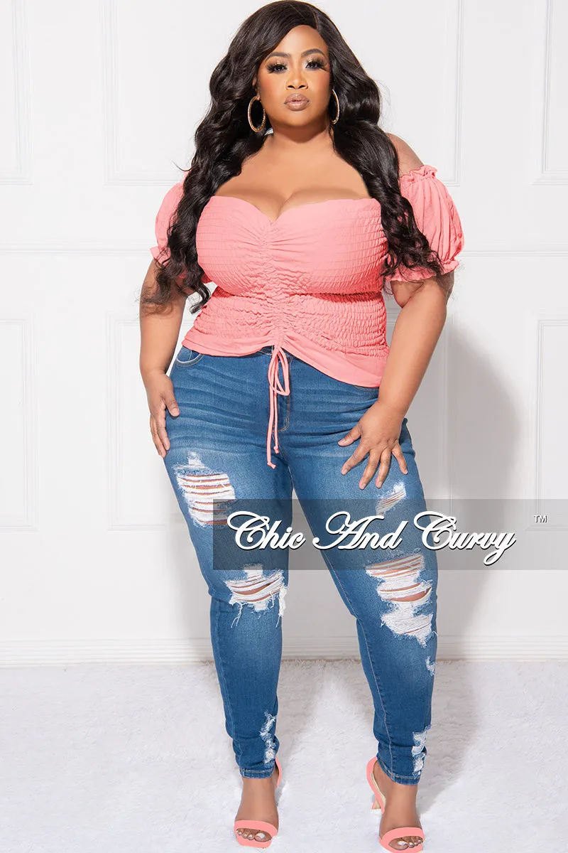 Smart Comfort Final Sale Plus Size Off the Shoulder Frill Top with Middle Drawstring and Ruffle Bottom in Pink