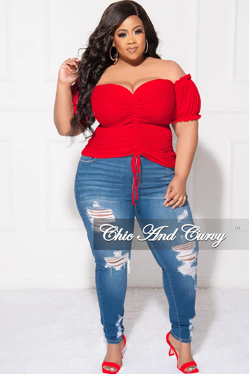 Final Sale Plus Size Off the Shoulder Frill Top with Middle Drawstring and Ruffle Bottom in Red Non Irritating Tags
