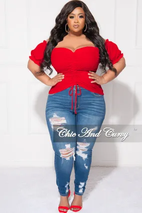 Sleek Appearance Final Sale Plus Size Off the Shoulder Frill Top with Middle Drawstring and Ruffle Bottom in Red