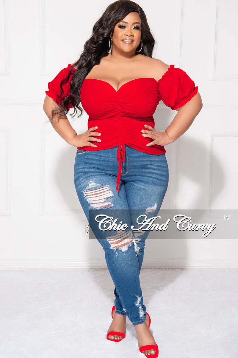 Final Sale Plus Size Off the Shoulder Frill Top with Middle Drawstring and Ruffle Bottom in Red SecureClosures