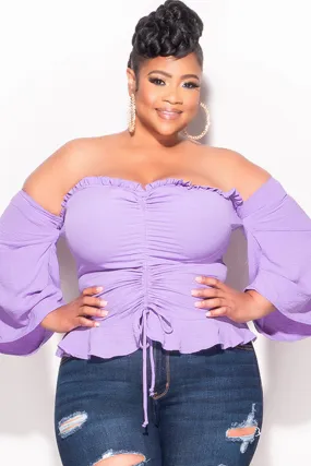 Final Sale Plus Size Off the Shoulder Frill Top with Middle Drawstring in Purple Unisex style