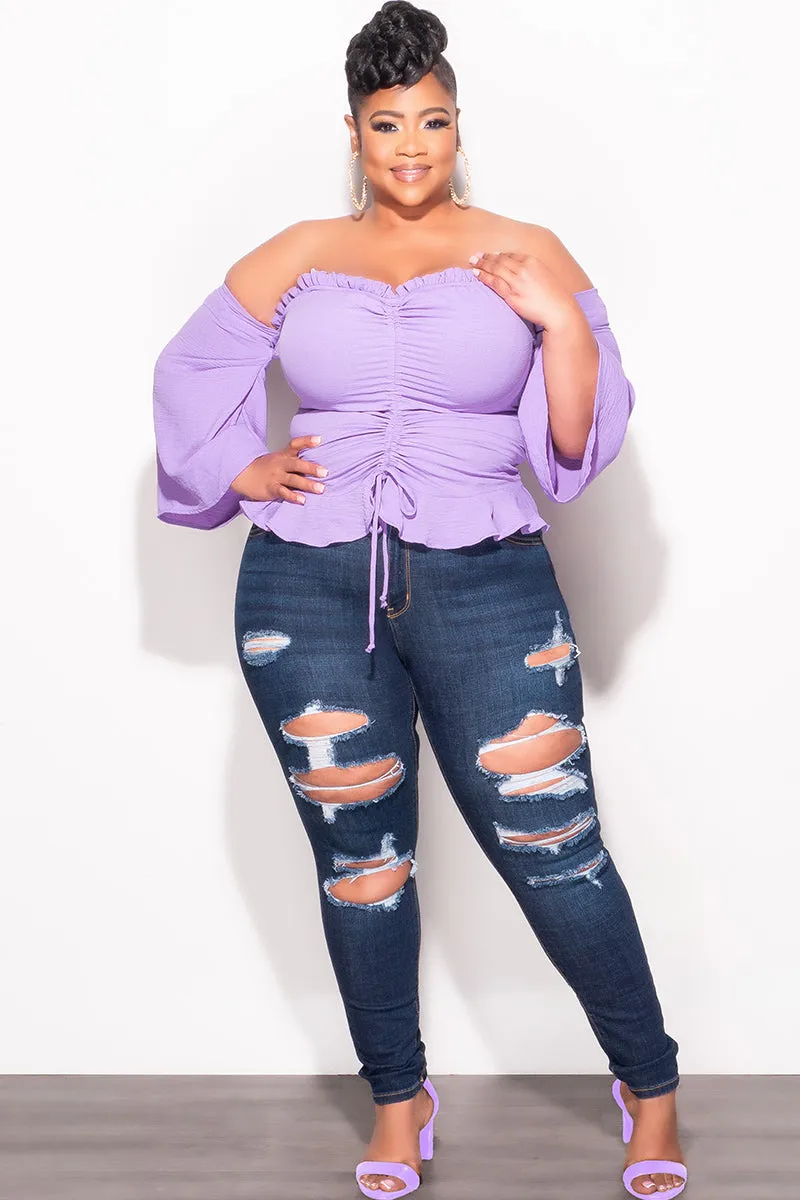 All Season Fit Final Sale Plus Size Off the Shoulder Frill Top with Middle Drawstring in Purple