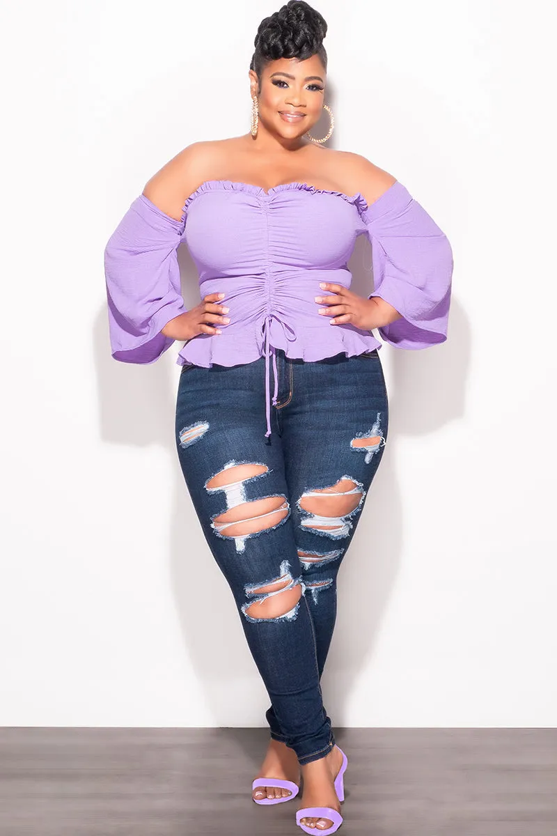Soft and Stretchy Comfortable Stretch Final Sale Plus Size Off the Shoulder Frill Top with Middle Drawstring in Purple