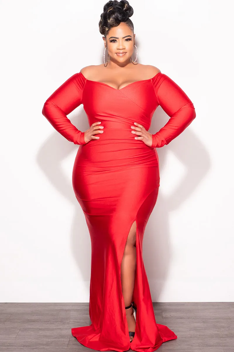 Final Sale Plus Size Off the Shoulder Gown with Slide Slit in Red RegularFit