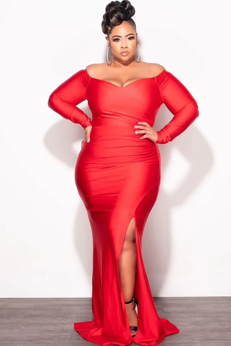 Final Sale Plus Size Off the Shoulder Gown with Slide Slit in Red Slim Fit Wear Stylish Wear