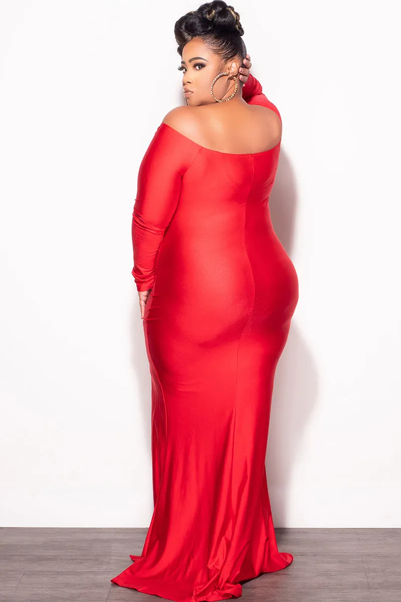 Wrinkle-Resistant Final Sale Plus Size Off the Shoulder Gown with Slide Slit in Red