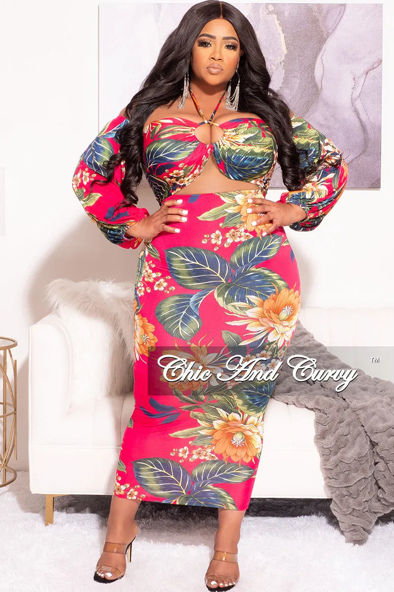 Final Sale Plus Size Off The Shoulder Halter Bodycon with Front Cutout in Fuchsia Floral  Print Seamless Waist Technology Double Stitched