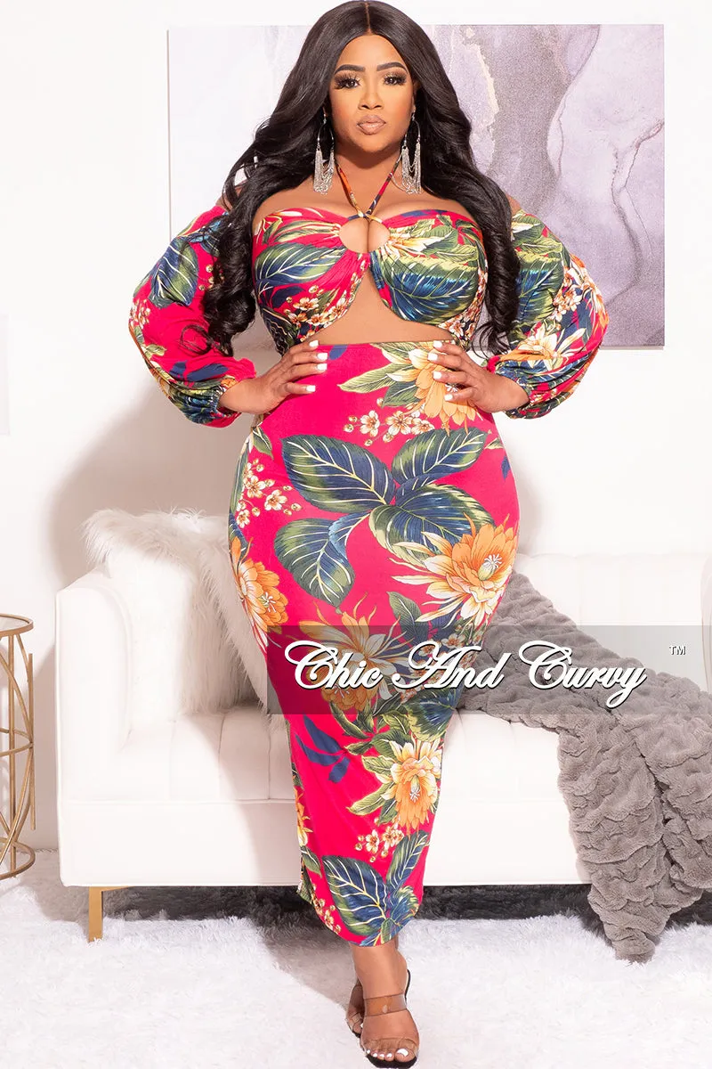 Final Sale Plus Size Off The Shoulder Halter Bodycon with Front Cutout in Fuchsia Floral  Print Daily Wear