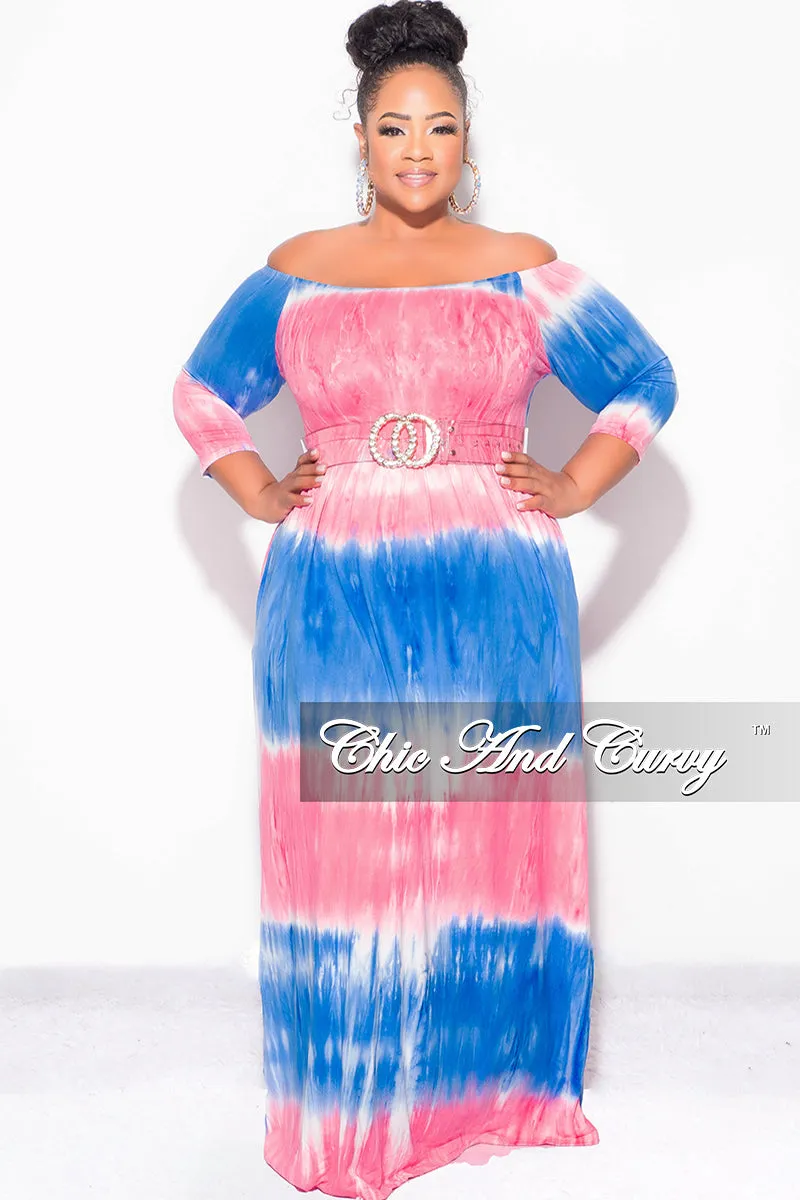 OdorResistant Stay Comfortable Final Sale Plus Size Off The Shoulder Maxi Dress in Royal Blue and Pink Tie Dye
