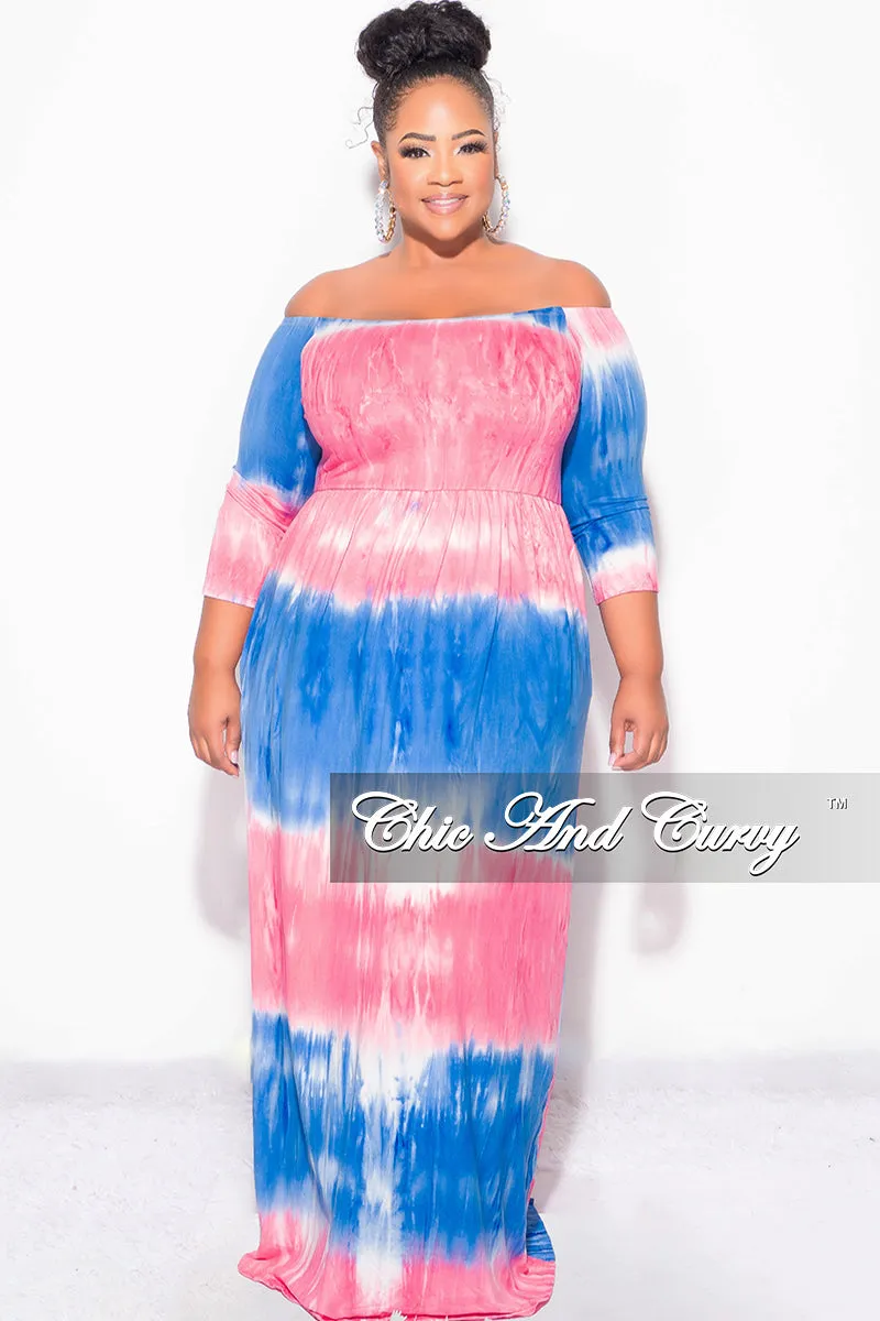 Fitted Style Final Sale Plus Size Off The Shoulder Maxi Dress in Royal Blue and Pink Tie Dye