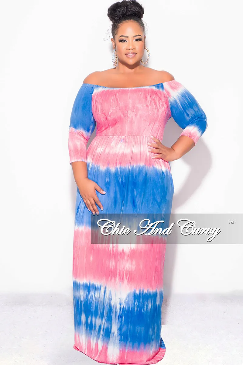 Trendy Layering Final Sale Plus Size Off The Shoulder Maxi Dress in Royal Blue and Pink Tie Dye
